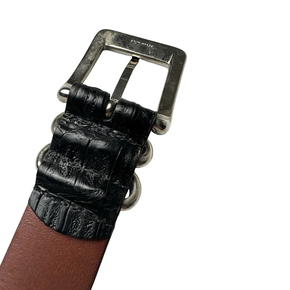 Bespoke Black Genuine Crocodile 1.25in Mens Brass Buckle Belt Size 34 NWOT USA